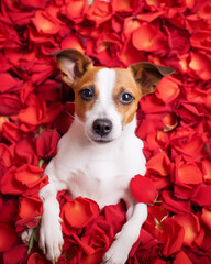 Cachorro fofo deitado em uma cama coberta por pétalas de rosas vermelha - Papel de parede - obrazy, fototapety, plakaty