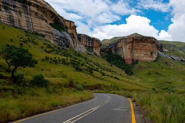 View towards red sandstone cliffs in the Golden Gate Highlands National Park, near Clarens, Free...