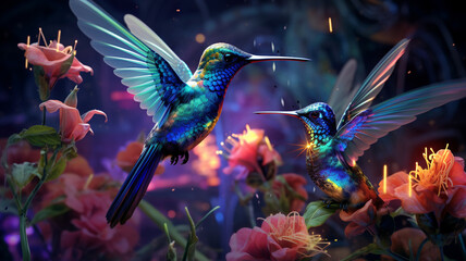 Hummingbird glowing light art bird sparkle background - obrazy, fototapety, plakaty