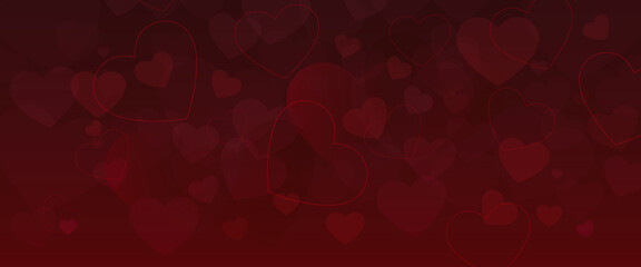 Valentines greeting card banner with falling hearts and bokeh on red background