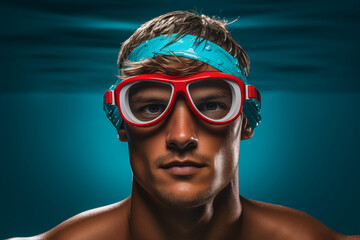 Male Competitive Swimmer with Swim Cap and Goggles