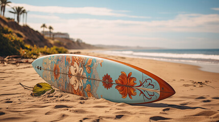 Surfboard on a Sandy Beach Background