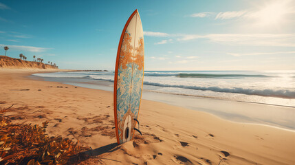 Surfboard on a Sandy Beach Background