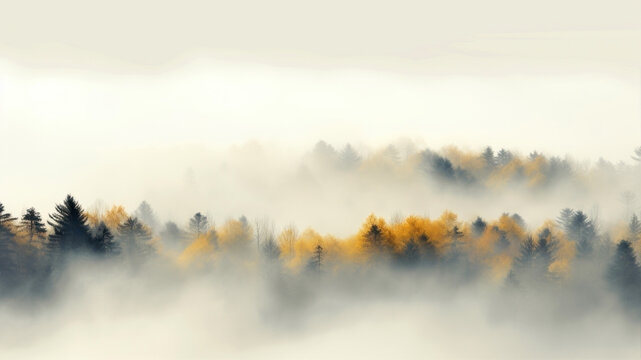 Foggy autumn landscape with coniferous forest in the morning