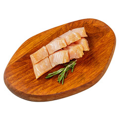 Smoked white fish steak, on a wooden board, on a white background