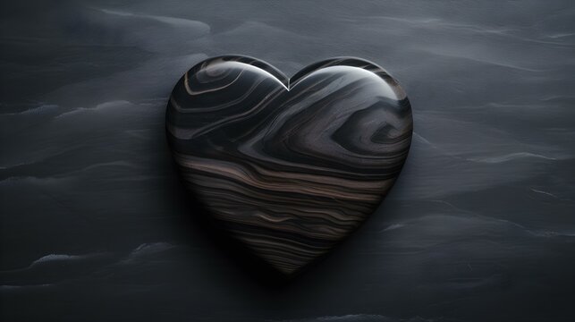 Top View of a black Heart on a black Marble Background. Romantic Backdrop with Copy Space