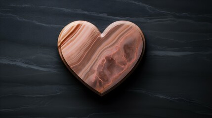 Top View of a blush Heart on a black Marble Background. Romantic Backdrop with Copy Space