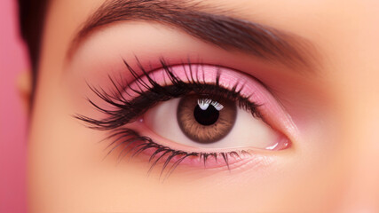 Close up of beautiful woman's eye with long eyelashes. Perfect make-up