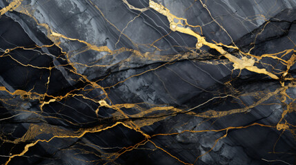 polished Black marble texture background with cracked gold veins details, space for text, 