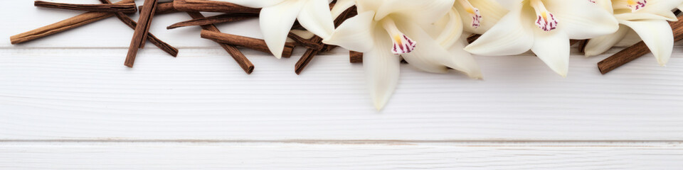 Flying vanilla sticks and orchid flowers on beige background.