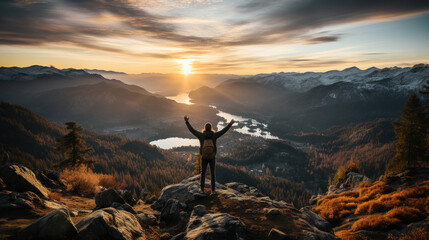 Man traveler on mountain summit enjoying nature. Generative AI - obrazy, fototapety, plakaty