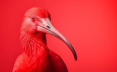 Creative animal concept, macro shot of red scarlet ibis over red pastel bright background. 