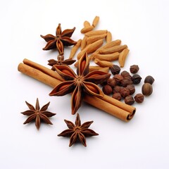 Natural organic spices Cinnamon Sticks Nutmeg Star Anise Cloves Peppercorns on white background