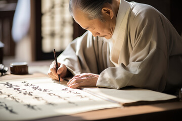 Calligraphy artist at work, with space for a quote on the beauty of written language