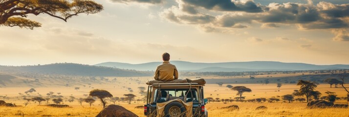 Image of a safari jeep observing wildlife in an African savanna, adventure tourism