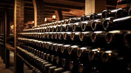 wine bottles in wooden rack in wine cellar