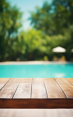 Focused Wooden Platform Against a Serene Blurred Pool Background in Stock Photo