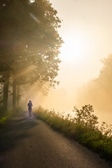 An early morning runner takes to a quiet country road, enveloped in a soft, golden mist. The sun,...