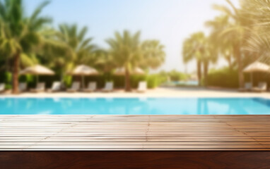 Fototapeta na wymiar Wooden Stage Against a Blurry Pool Backdrop in Stock Image