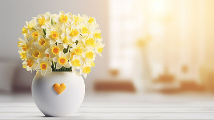 Vase of flowers with daffodils on a white table. - obrazy, fototapety, plakaty