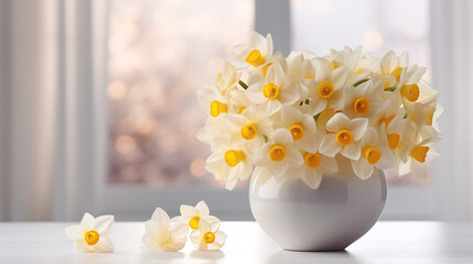 Vase of flowers with daffodils on a white table.