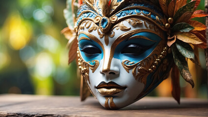 Beautiful Venetian mask on wooden table with bokeh background. Generative Ai