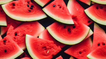 Top View Full Frame of Fresh Water Melon Fruit Slices, Creating a Vibrant and Summery Visual Feast.