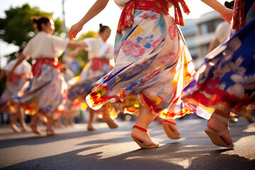 Naklejka premium Traditional festival dance or Bon Odori, with space for reflections on communal joy