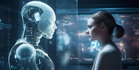 A girl talks to artificial intelligence in the form of a robot.