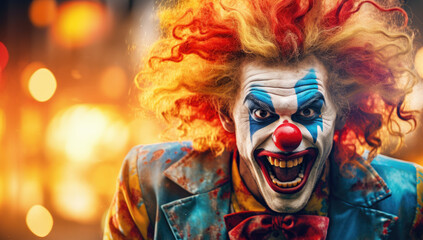 a clown is smiling with his clown outfit on in a dark night