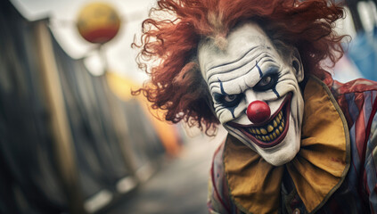 a clown is smiling with his clown outfit on in a dark night - obrazy, fototapety, plakaty