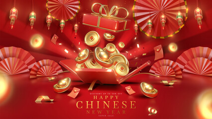 Red luxury background with gold coin elements in an open gift box with 3D realistic Chinese New Year ornaments and glitter and bokeh effect decoration. Vector illustration.