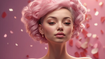 Portrait of beautiful young woman with pink make-up and hairstyle. Generative Ai