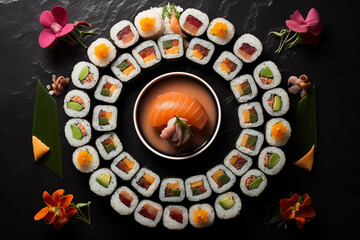 Sushi rolls arranged in a unique presentation, with room for a statement on sushi as an art form