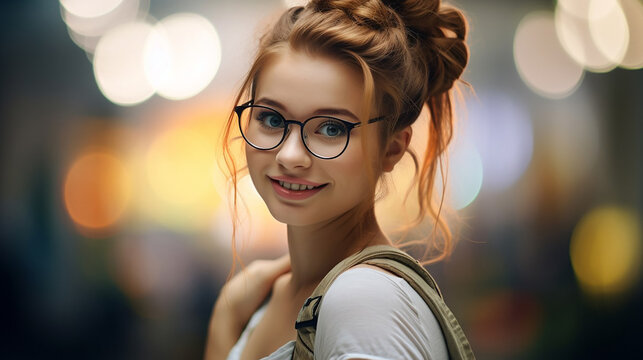 Portrait of a beautiful girl in glasses in the lights of the city.