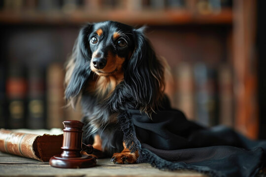Professional Dachshund - a well-groomed young Dachshund posing as a judge with appropriate props and attire Gen AI