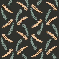 Ditsy seamless pattern with colorful leaves on black background