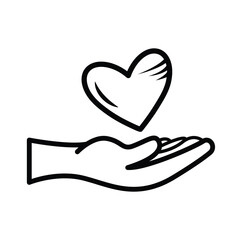 Hand with floating heart vector illustration icon with black outline isolated on white square background. Simple flat minimalist art styled drawing with valentine or charity theme.
