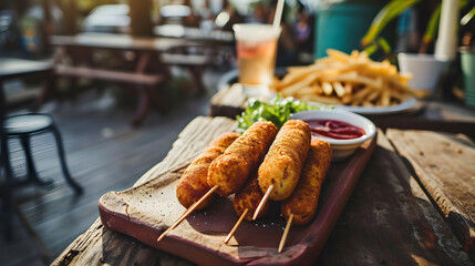 A corndog is placed on the table at the street cafe—a traditional American junk food often...