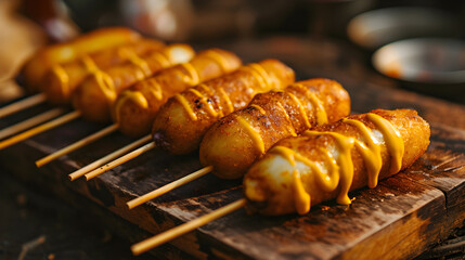 On the table at the street cafe, a corndog represents a classic American junk food, with special...