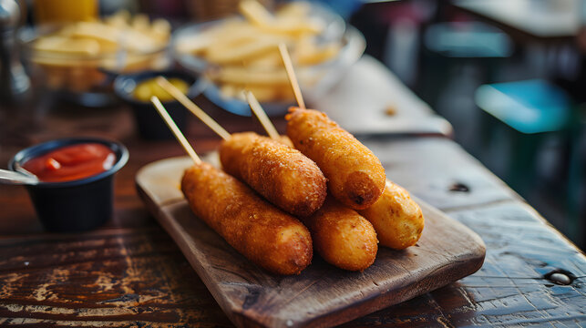 The street cafe features a corndog on the table, emphasizing its status as a traditional American junk food, particularly enjoyed on National CornDog Day. generative AI