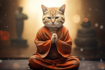 Buddhist cat, funny cat with folded paws - obrazy, fototapety, plakaty