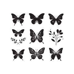 Set of Butterfly Silhouette: Springtime Soiree, Floral Symphony, and Delicate Winged Dancers in Graceful Shadows
