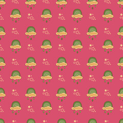 Seamless pattern with stars, rainbows and clouds. Cartoon doodle illustration.