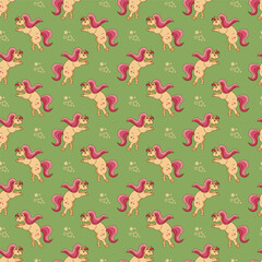 Seamless pattern with unicorn character. A cute unicorn stands on its hind legs. Cartoon doodle illustration.
