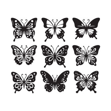 Set of Butterfly Silhouette: Monochrome Flutter, Black and White Elegance, and Minimalist Nature in Shadows
