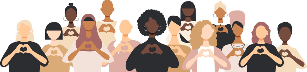 Diverse women with heart-shaped hands stand together.