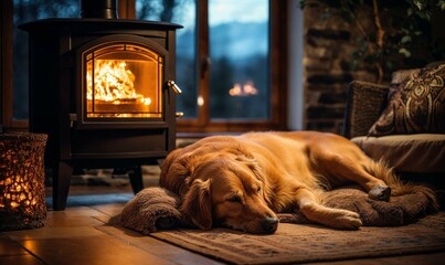chien allongé devant un poêle à bois en train de fonctionner pendant l'hiver dans un chalet à la montagne - obrazy, fototapety, plakaty
