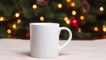 White mug on the background of the Christmas tree and a garland