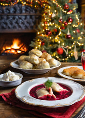 Christmas Dinner Table - Delicious food and decor. Pierogi and beet soup